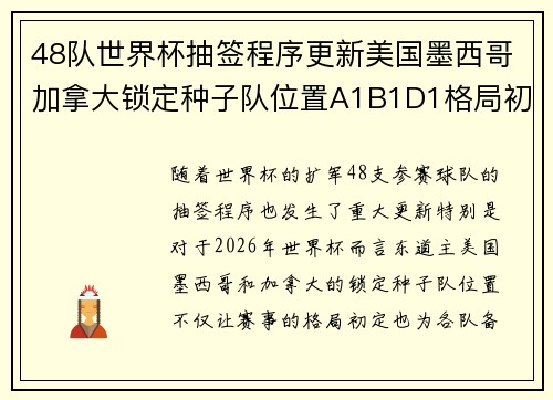 48队世界杯抽签程序更新美国墨西哥加拿大锁定种子队位置A1B1D1格局初定 48队世界杯抽签程序更新美国墨西哥加拿大锁定种子队位置A1B1D1格局初定
